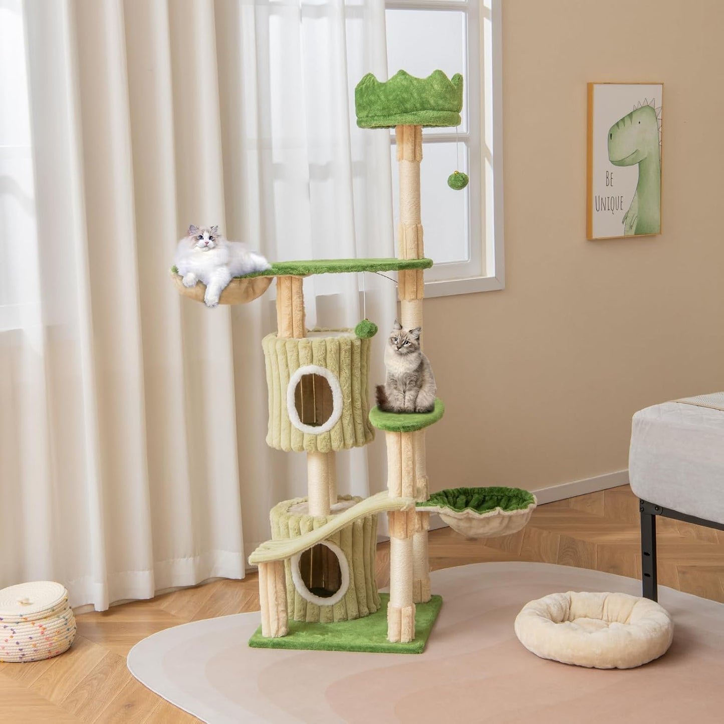 63 Inch Tall Cat Tree, Cute Green Cat Tower with 2 Condos, Plush Top Perch, 2 Basket Beds, Sisal Scratching Posts, 2 Dangling Balls, Slide Platform, Large Aesthetic Cat Tree for Indoor Cats