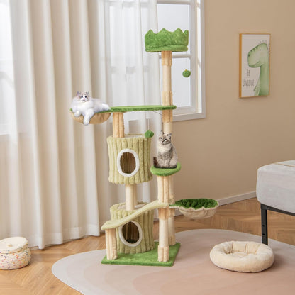 63 Inch Tall Cat Tree, Cute Green Cat Tower with 2 Condos, Plush Top Perch, 2 Basket Beds, Sisal Scratching Posts, 2 Dangling Balls, Slide Platform, Large Aesthetic Cat Tree for Indoor Cats