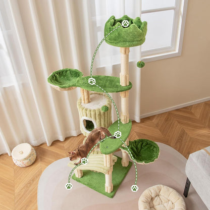 63 Inch Tall Cat Tree, Cute Green Cat Tower with 2 Condos, Plush Top Perch, 2 Basket Beds, Sisal Scratching Posts, 2 Dangling Balls, Slide Platform, Large Aesthetic Cat Tree for Indoor Cats