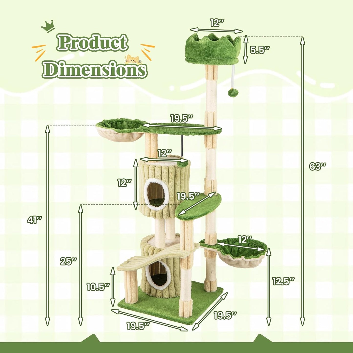 63 Inch Tall Cat Tree, Cute Green Cat Tower with 2 Condos, Plush Top Perch, 2 Basket Beds, Sisal Scratching Posts, 2 Dangling Balls, Slide Platform, Large Aesthetic Cat Tree for Indoor Cats