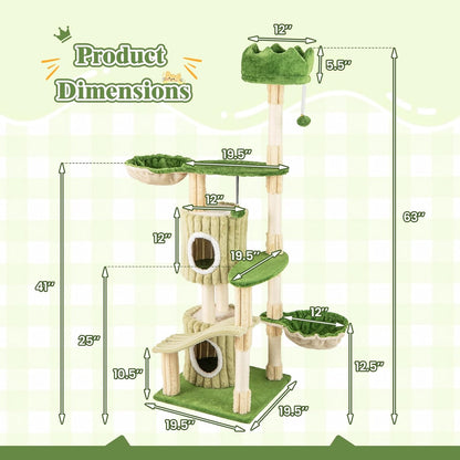 63 Inch Tall Cat Tree, Cute Green Cat Tower with 2 Condos, Plush Top Perch, 2 Basket Beds, Sisal Scratching Posts, 2 Dangling Balls, Slide Platform, Large Aesthetic Cat Tree for Indoor Cats