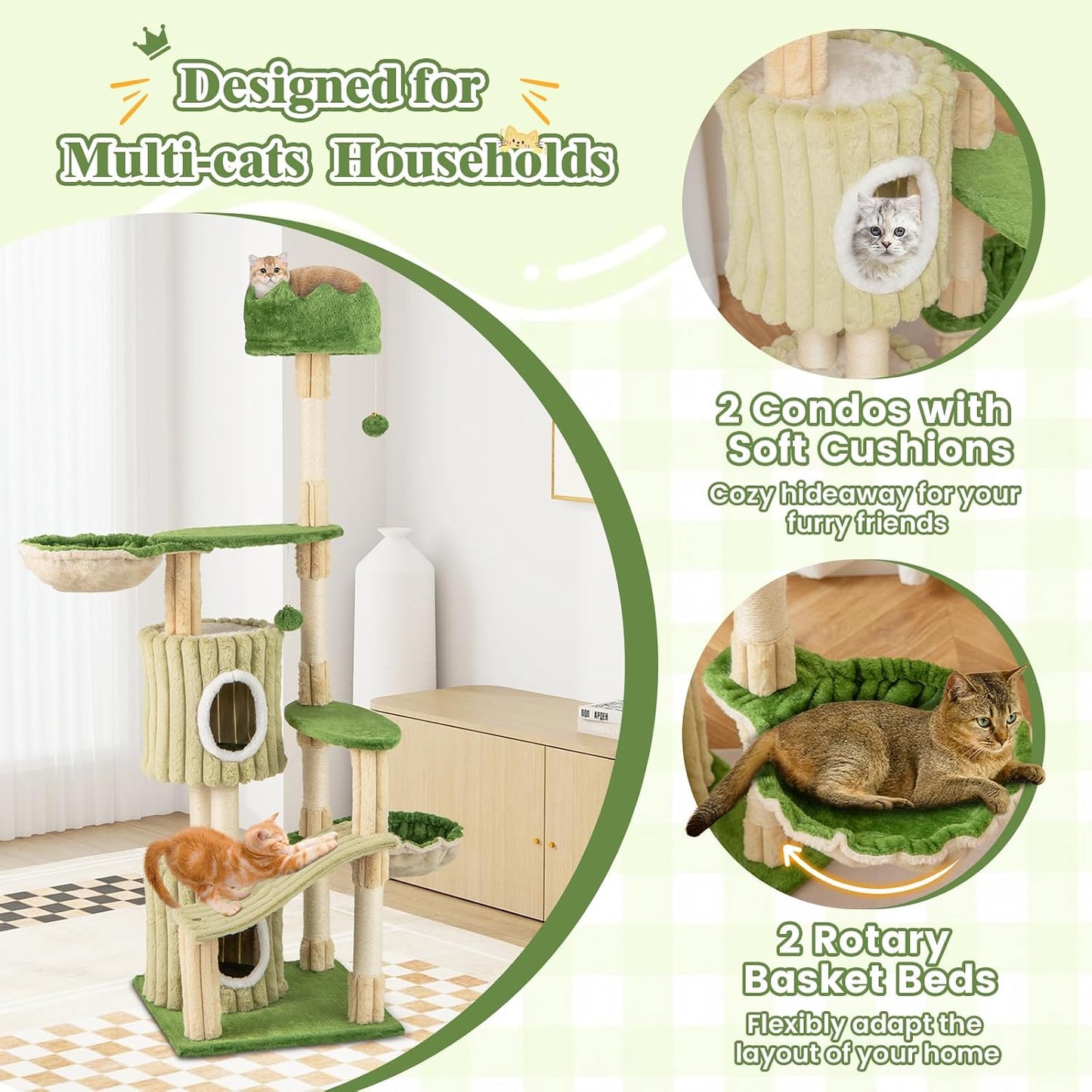 63 Inch Tall Cat Tree, Cute Green Cat Tower with 2 Condos, Plush Top Perch, 2 Basket Beds, Sisal Scratching Posts, 2 Dangling Balls, Slide Platform, Large Aesthetic Cat Tree for Indoor Cats