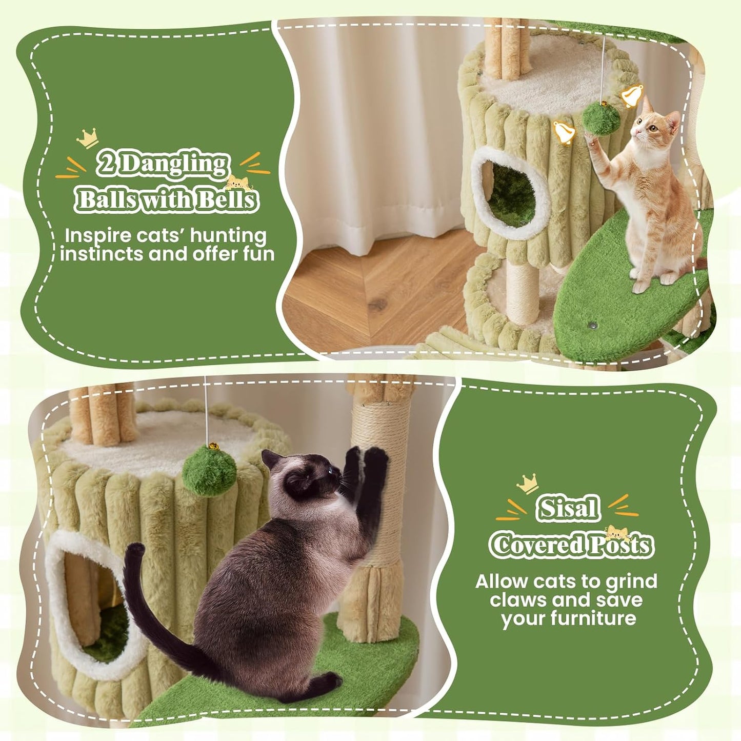 63 Inch Tall Cat Tree, Cute Green Cat Tower with 2 Condos, Plush Top Perch, 2 Basket Beds, Sisal Scratching Posts, 2 Dangling Balls, Slide Platform, Large Aesthetic Cat Tree for Indoor Cats