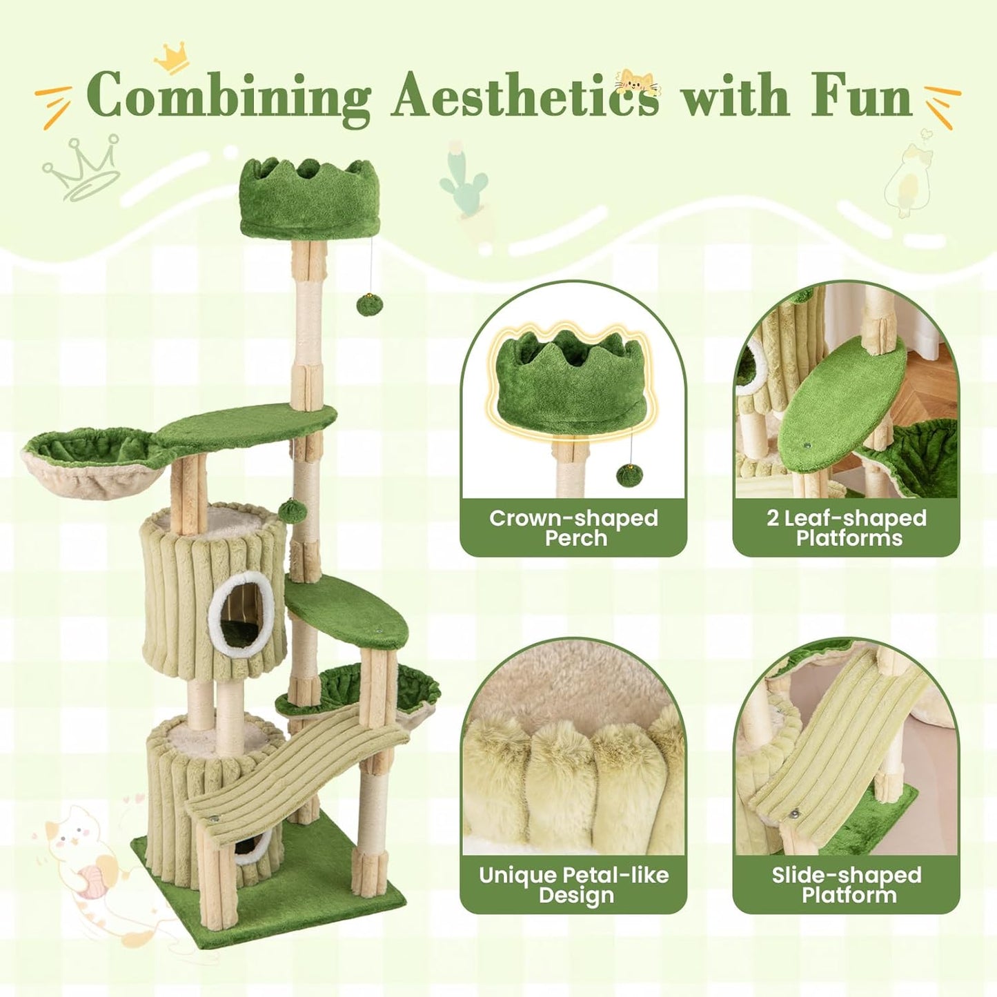 63 Inch Tall Cat Tree, Cute Green Cat Tower with 2 Condos, Plush Top Perch, 2 Basket Beds, Sisal Scratching Posts, 2 Dangling Balls, Slide Platform, Large Aesthetic Cat Tree for Indoor Cats