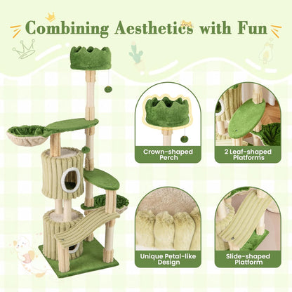 63 Inch Tall Cat Tree, Cute Green Cat Tower with 2 Condos, Plush Top Perch, 2 Basket Beds, Sisal Scratching Posts, 2 Dangling Balls, Slide Platform, Large Aesthetic Cat Tree for Indoor Cats