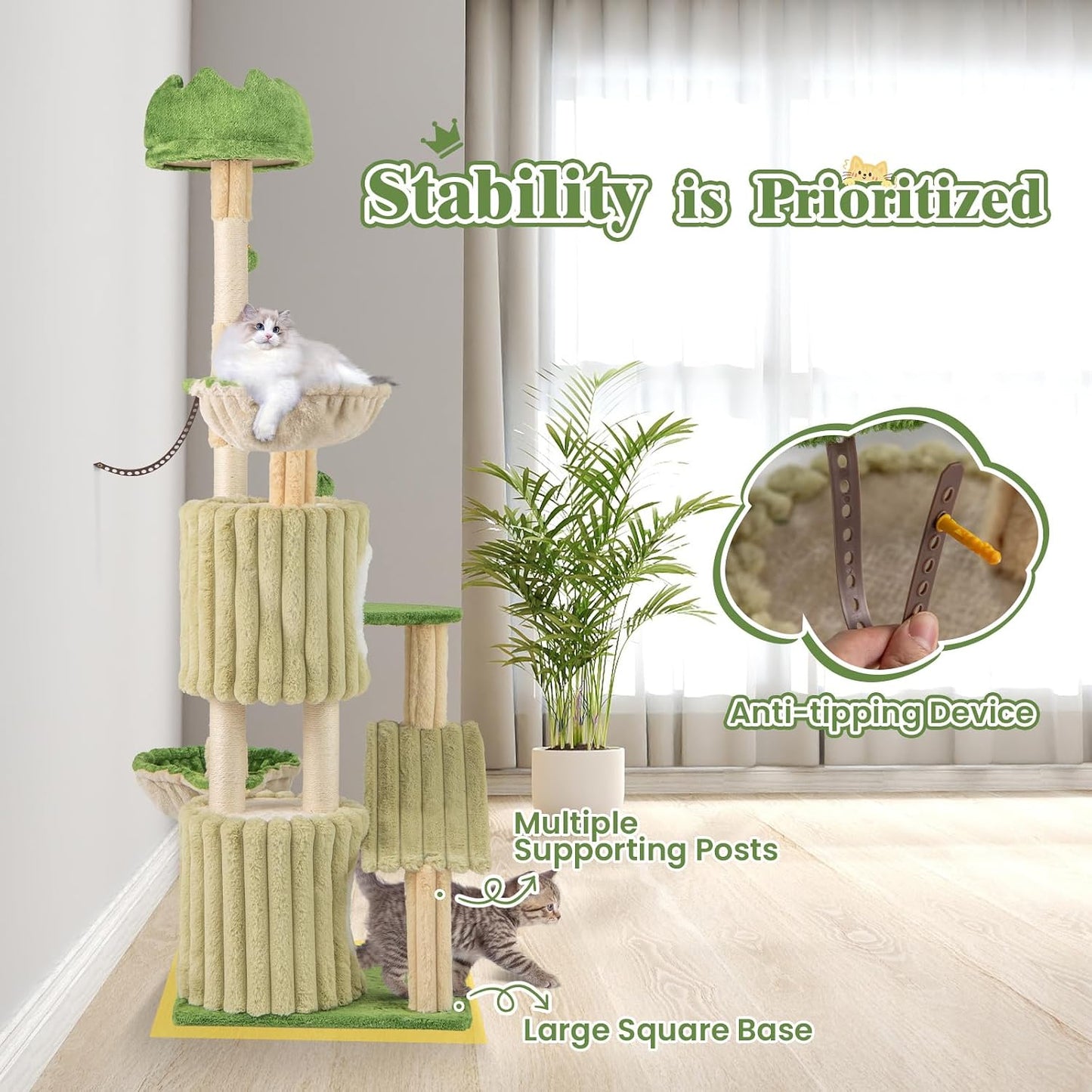 63 Inch Tall Cat Tree, Cute Green Cat Tower with 2 Condos, Plush Top Perch, 2 Basket Beds, Sisal Scratching Posts, 2 Dangling Balls, Slide Platform, Large Aesthetic Cat Tree for Indoor Cats