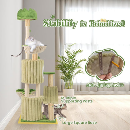 63 Inch Tall Cat Tree, Cute Green Cat Tower with 2 Condos, Plush Top Perch, 2 Basket Beds, Sisal Scratching Posts, 2 Dangling Balls, Slide Platform, Large Aesthetic Cat Tree for Indoor Cats