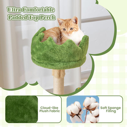 63 Inch Tall Cat Tree, Cute Green Cat Tower with 2 Condos, Plush Top Perch, 2 Basket Beds, Sisal Scratching Posts, 2 Dangling Balls, Slide Platform, Large Aesthetic Cat Tree for Indoor Cats