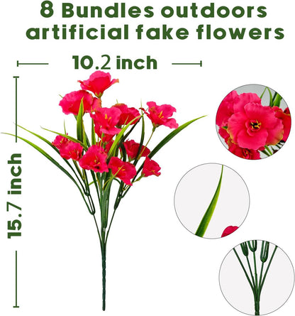 8 Bundles Artificial Hibiscus Flowers for Outdoor Faux UV Resistant Fake Silk Plants Flower for Front Porch Pot Planters Garden Window Box Indoor Home Decor (Red, Pink, Purple Red)