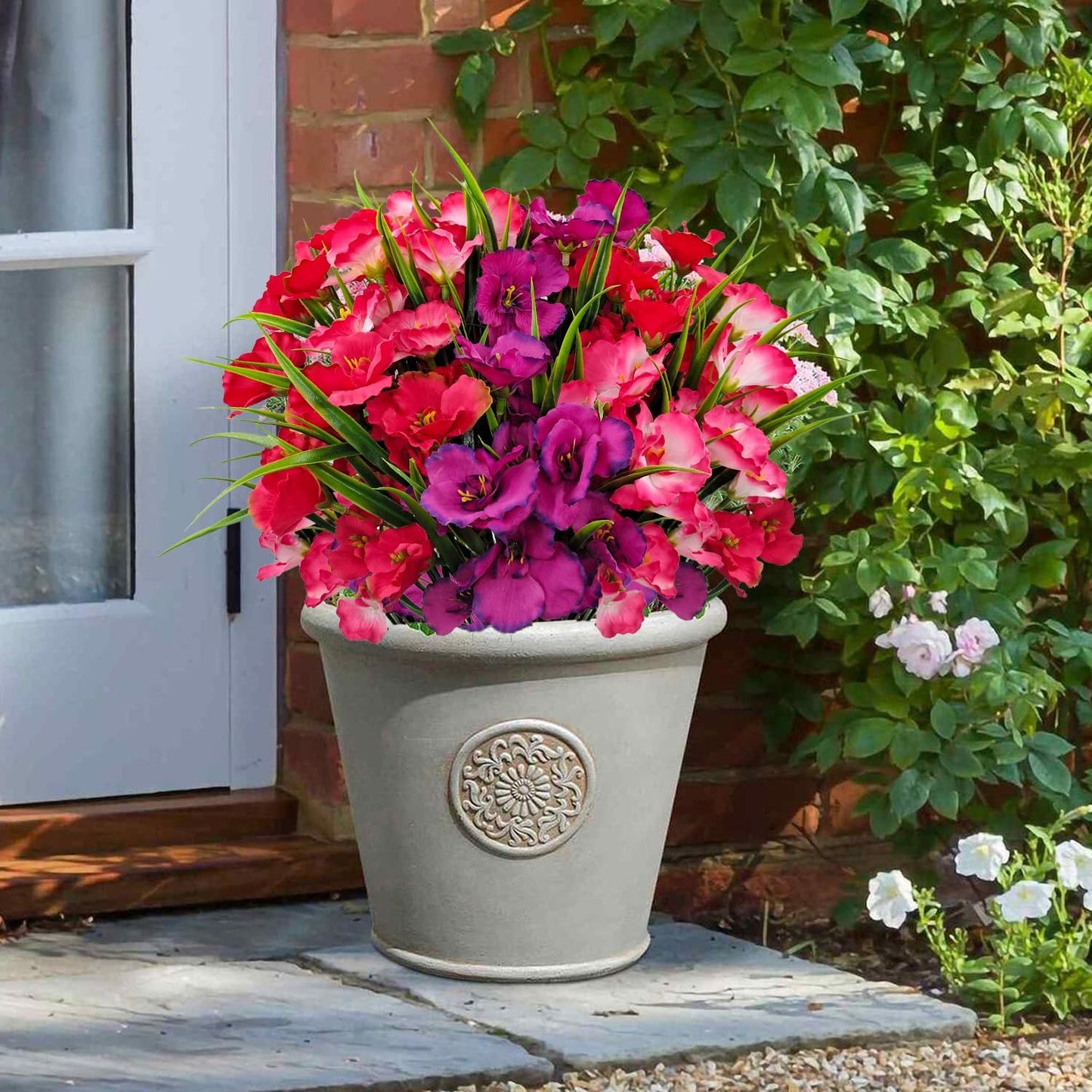8 Bundles Artificial Hibiscus Flowers for Outdoor Faux UV Resistant Fake Silk Plants Flower for Front Porch Pot Planters Garden Window Box Indoor Home Decor (Red, Pink, Purple Red)