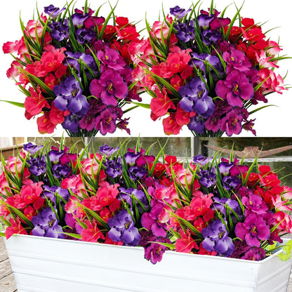 8 Bundles Artificial Hibiscus Flowers for Outdoor Faux UV Resistant Fake Silk Plants Flower for Front Porch Pot Planters Garden Window Box Indoor Home Decor (Red, Pink, Purple Red)