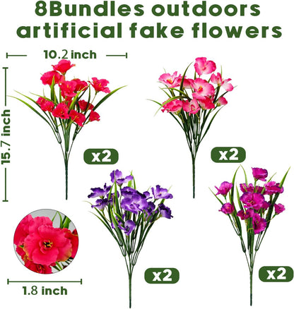 8 Bundles Artificial Hibiscus Flowers for Outdoor Faux UV Resistant Fake Silk Plants Flower for Front Porch Pot Planters Garden Window Box Indoor Home Decor (Red, Pink, Purple Red)