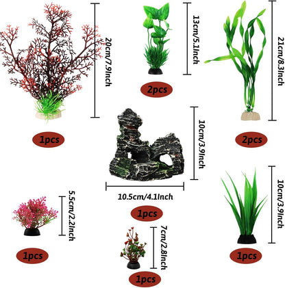 Fish Tank Decorations Plants with Resin Cave Rock View, 9pcs Aquarium Decorations Plants Plastic,Fish Tank Accessories, Fish Cave and Hideout Ornaments, Aquarium Decor