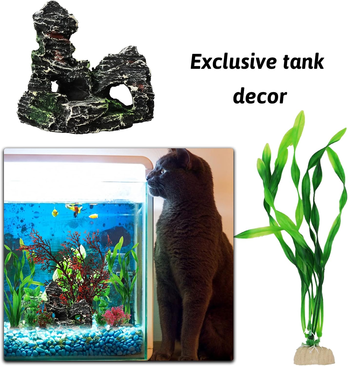 Fish Tank Decorations Plants with Resin Cave Rock View, 9pcs Aquarium Decorations Plants Plastic,Fish Tank Accessories, Fish Cave and Hideout Ornaments, Aquarium Decor