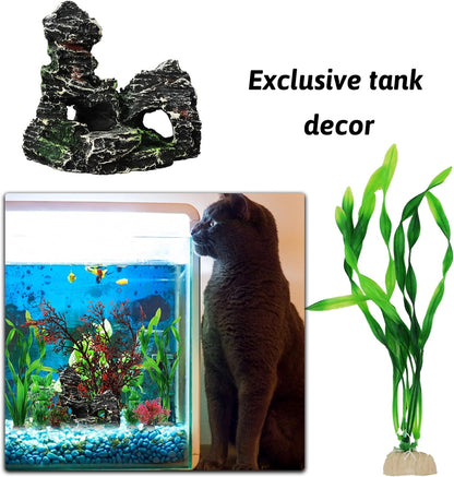 Fish Tank Decorations Plants with Resin Cave Rock View, 9pcs Aquarium Decorations Plants Plastic,Fish Tank Accessories, Fish Cave and Hideout Ornaments, Aquarium Decor