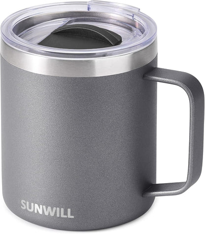 Insulated Coffee Mug with Lid, Travel Tumbler with Handle, 14 oz Stainless Steel Cup for Camping, Office, Home, Powder Coated Yellow