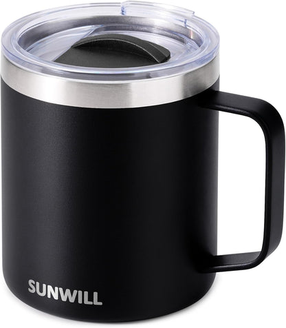 Insulated Coffee Mug with Lid, Travel Tumbler with Handle, 14 oz Stainless Steel Cup for Camping, Office, Home, Powder Coated Yellow