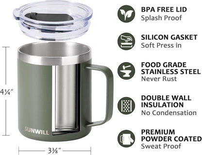 Insulated Coffee Mug with Lid, Travel Tumbler with Handle, 14 oz Stainless Steel Cup for Camping, Office, Home, Powder Coated Yellow