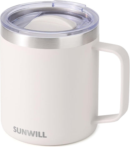 Insulated Coffee Mug with Lid, Travel Tumbler with Handle, 14 oz Stainless Steel Cup for Camping, Office, Home, Powder Coated Yellow