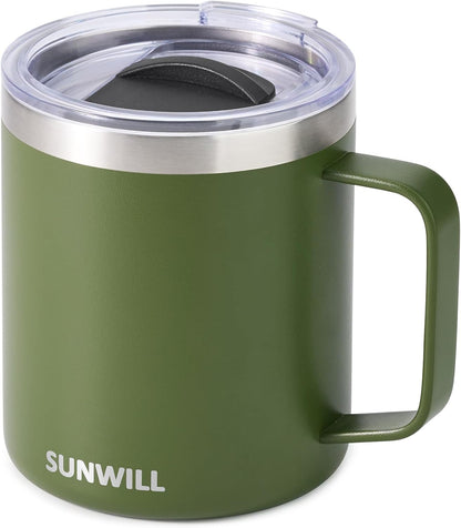 Insulated Coffee Mug with Lid, Travel Tumbler with Handle, 14 oz Stainless Steel Cup for Camping, Office, Home, Powder Coated Yellow