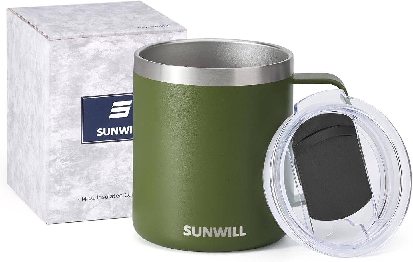 Insulated Coffee Mug with Lid, Travel Tumbler with Handle, 14 oz Stainless Steel Cup for Camping, Office, Home, Powder Coated Yellow