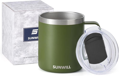 Insulated Coffee Mug with Lid, Travel Tumbler with Handle, 14 oz Stainless Steel Cup for Camping, Office, Home, Powder Coated Yellow