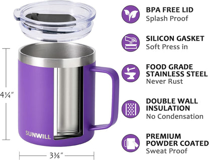 Insulated Coffee Mug with Lid, Travel Tumbler with Handle, 14 oz Stainless Steel Cup for Camping, Office, Home, Powder Coated Yellow