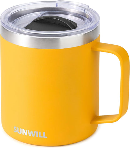 Insulated Coffee Mug with Lid, Travel Tumbler with Handle, 14 oz Stainless Steel Cup for Camping, Office, Home, Powder Coated Yellow