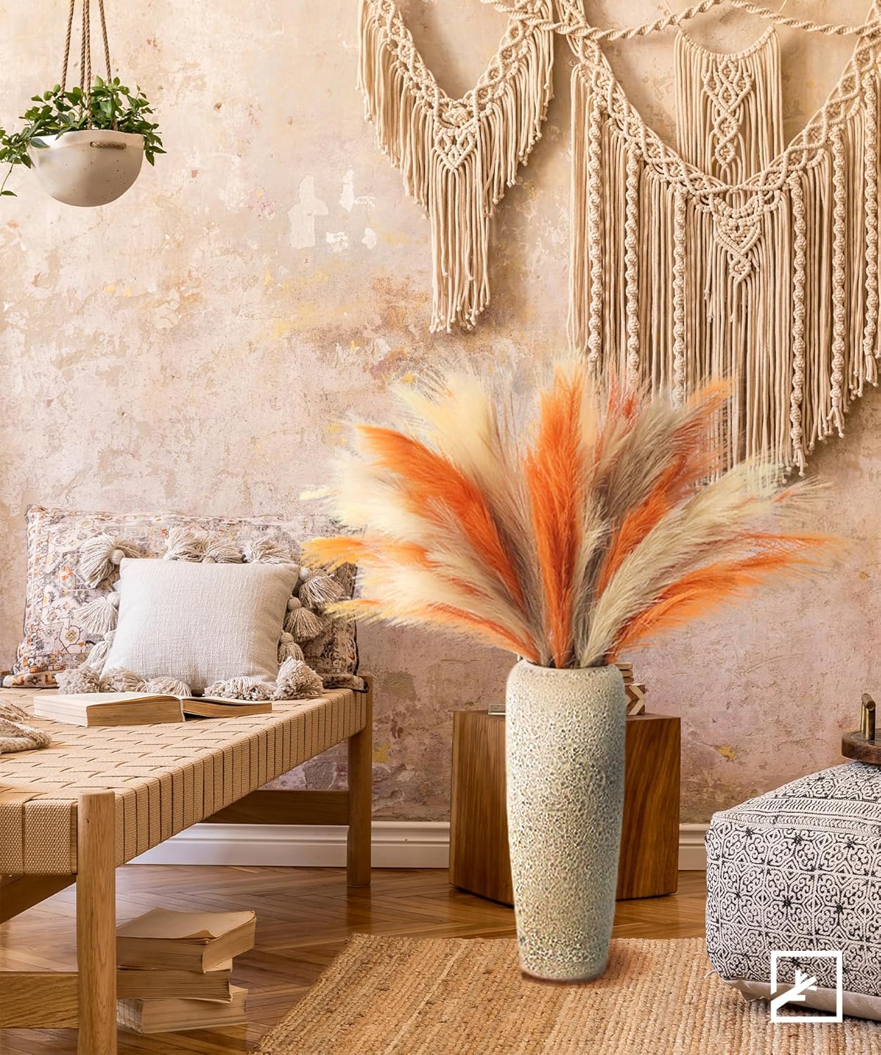 Faux Pampas Grass 17" 6-Pcs Handmade Branches (Beige Mixed) | Fluffy fake pompas grass boho decor for vase filler. Perfect for modern home room aesthetic and wedding decorations.