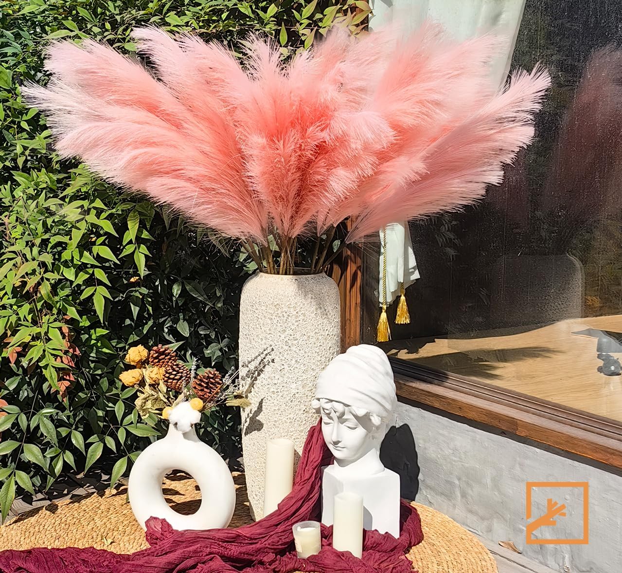 Faux Pampas Grass 17" 6-Pcs Handmade Branches (Beige Mixed) | Fluffy fake pompas grass boho decor for vase filler. Perfect for modern home room aesthetic and wedding decorations.