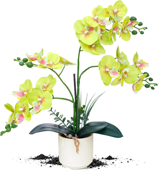 15.7" 3D Fake Orchid Flowers in Pot, Soft Touch White Orchid Plants | Faux Orchid Flowers in Vase, Realistic Fake Potted Orchid for Home Office Bathroom Living Room Table Centerpiece Indoor Decor