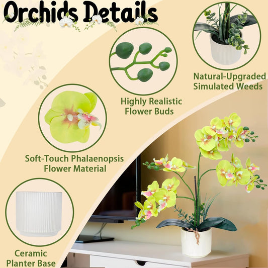 15.7" 3D Fake Orchid Flowers in Pot, Soft Touch White Orchid Plants | Faux Orchid Flowers in Vase, Realistic Fake Potted Orchid for Home Office Bathroom Living Room Table Centerpiece Indoor Decor