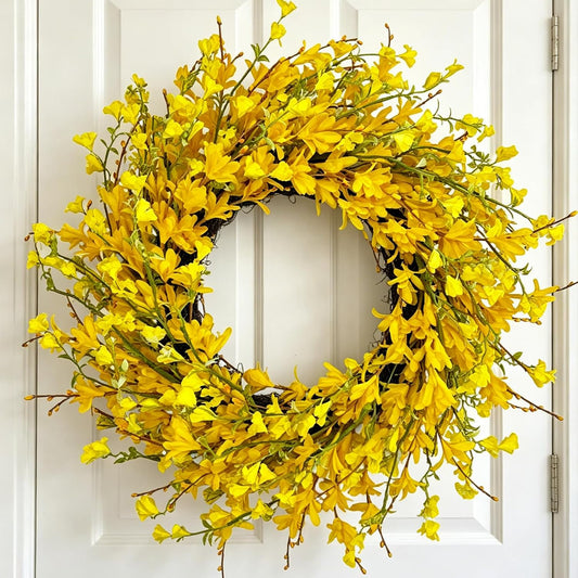 22" Summer Wreaths for Front Door, Artificial Forsythia Flower Wreath on Grapevine, Yellow Wreaths with Green Leaves, Silk Floral Wreath for Home Indoor Wall Window Garden Porch Farmhouse Decor