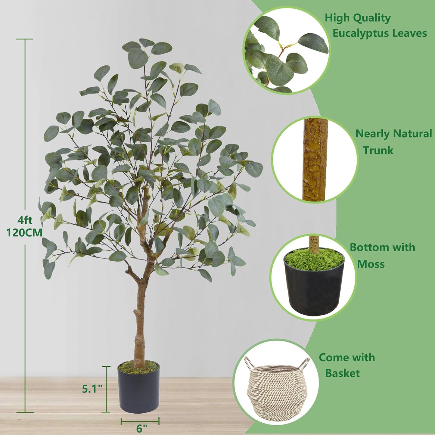 Artificial Eucalyptus Tree 8ft Fake Plant with Woven Basket | 96” Silk Leaves Faux Plant, Large Artificial Eucalyptus Trees for Home Office Livingroom Floor Decor Indoor Outdoor