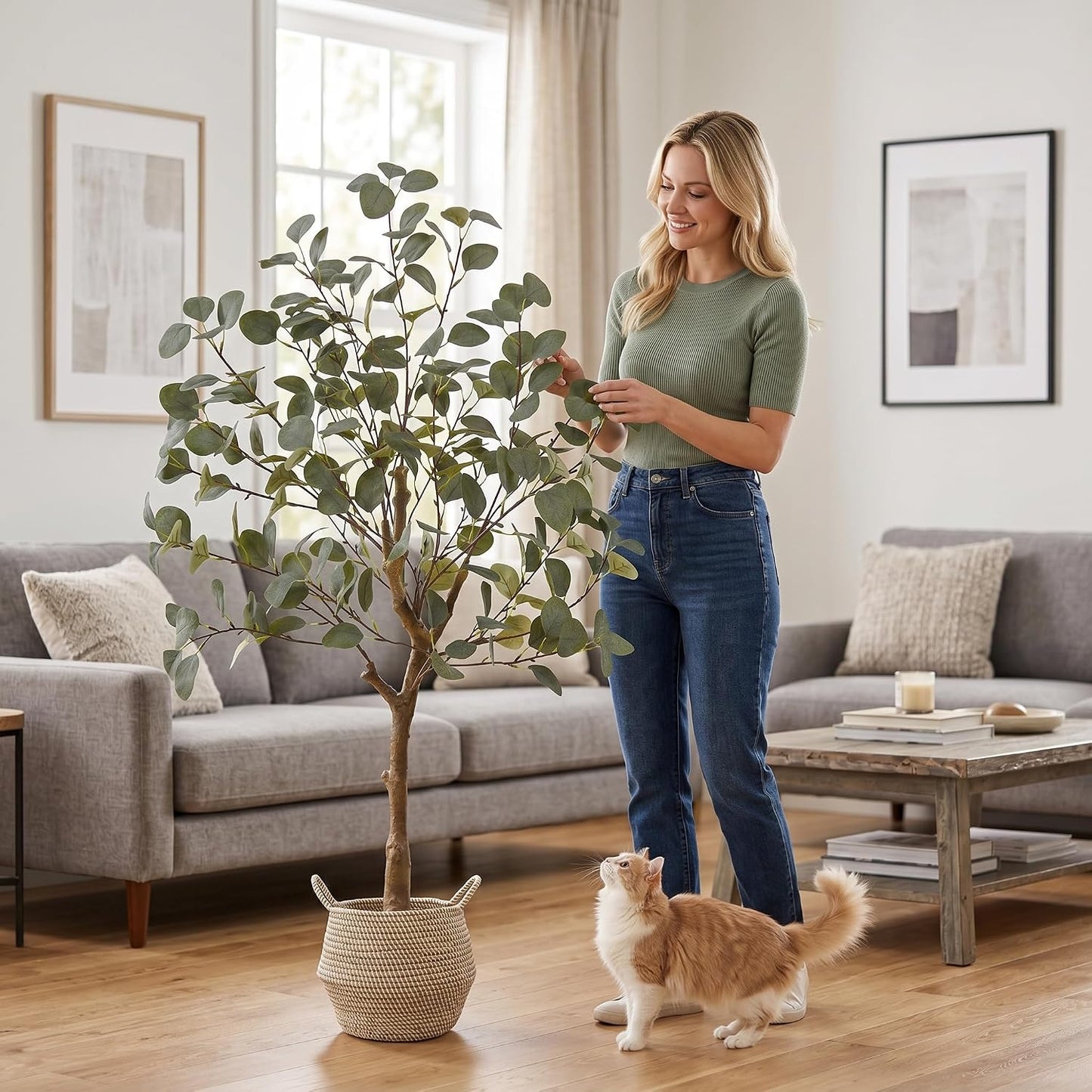 Artificial Eucalyptus Tree 8ft Fake Plant with Woven Basket | 96” Silk Leaves Faux Plant, Large Artificial Eucalyptus Trees for Home Office Livingroom Floor Decor Indoor Outdoor