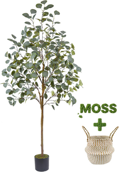 Artificial Eucalyptus Tree 8ft Fake Plant with Woven Basket | 96” Silk Leaves Faux Plant, Large Artificial Eucalyptus Trees for Home Office Livingroom Floor Decor Indoor Outdoor