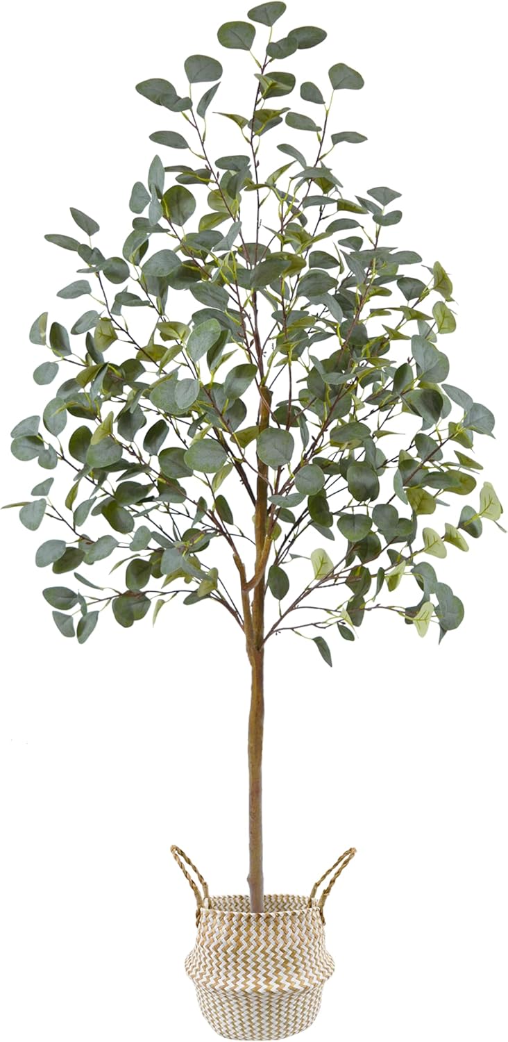 Artificial Eucalyptus Tree 8ft Fake Plant with Woven Basket | 96” Silk Leaves Faux Plant, Large Artificial Eucalyptus Trees for Home Office Livingroom Floor Decor Indoor Outdoor