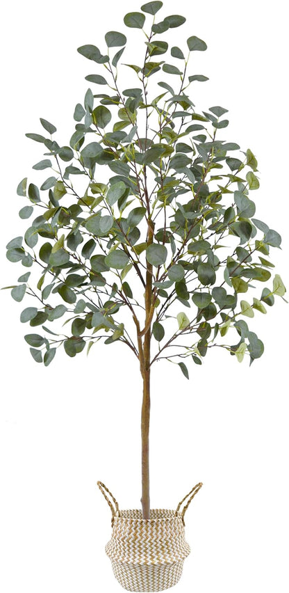 Artificial Eucalyptus Tree 8ft Fake Plant with Woven Basket | 96” Silk Leaves Faux Plant, Large Artificial Eucalyptus Trees for Home Office Livingroom Floor Decor Indoor Outdoor