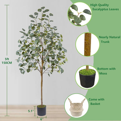 Artificial Eucalyptus Tree 8ft Fake Plant with Woven Basket | 96” Silk Leaves Faux Plant, Large Artificial Eucalyptus Trees for Home Office Livingroom Floor Decor Indoor Outdoor