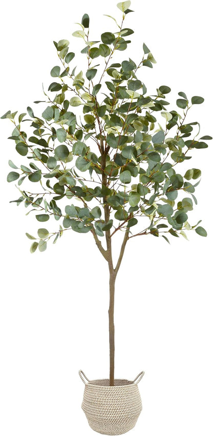 Artificial Eucalyptus Tree 8ft Fake Plant with Woven Basket | 96” Silk Leaves Faux Plant, Large Artificial Eucalyptus Trees for Home Office Livingroom Floor Decor Indoor Outdoor