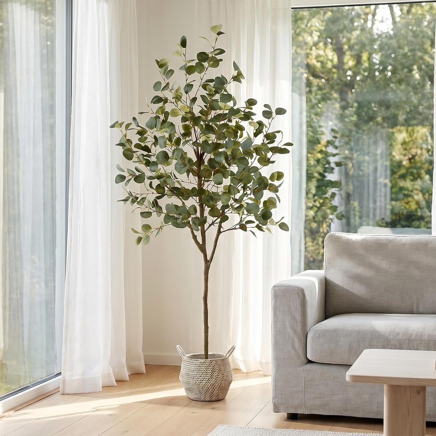 Artificial Eucalyptus Tree 8ft Fake Plant with Woven Basket | 96” Silk Leaves Faux Plant, Large Artificial Eucalyptus Trees for Home Office Livingroom Floor Decor Indoor Outdoor