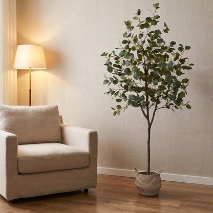 Artificial Eucalyptus Tree 8ft Fake Plant with Woven Basket | 96” Silk Leaves Faux Plant, Large Artificial Eucalyptus Trees for Home Office Livingroom Floor Decor Indoor Outdoor