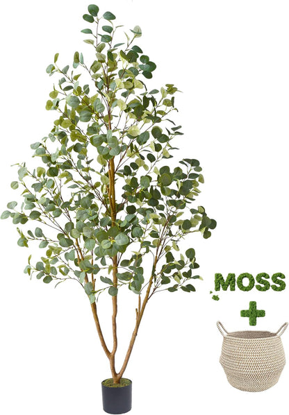 Artificial Eucalyptus Tree 8ft Fake Plant with Woven Basket | 96” Silk Leaves Faux Plant, Large Artificial Eucalyptus Trees for Home Office Livingroom Floor Decor Indoor Outdoor