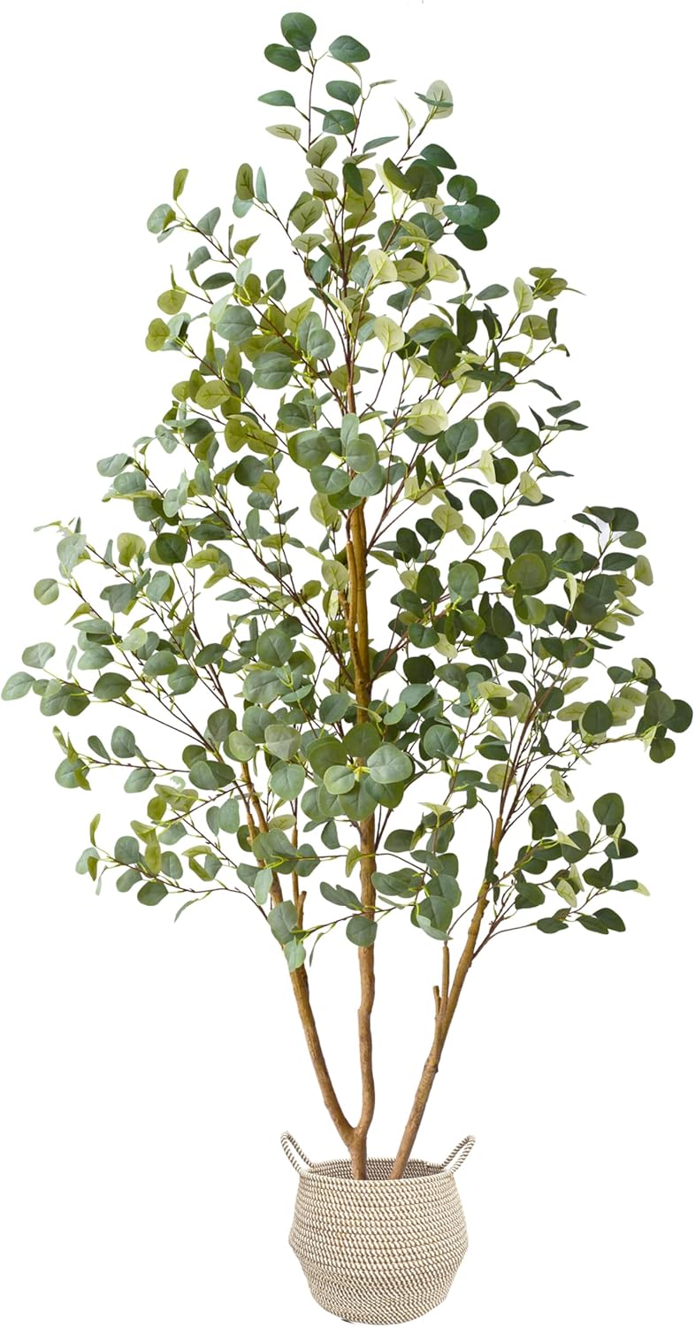 Artificial Eucalyptus Tree 8ft Fake Plant with Woven Basket | 96” Silk Leaves Faux Plant, Large Artificial Eucalyptus Trees for Home Office Livingroom Floor Decor Indoor Outdoor