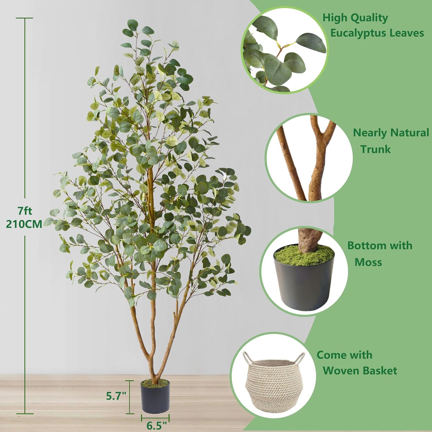 Artificial Eucalyptus Tree 8ft Fake Plant with Woven Basket | 96” Silk Leaves Faux Plant, Large Artificial Eucalyptus Trees for Home Office Livingroom Floor Decor Indoor Outdoor