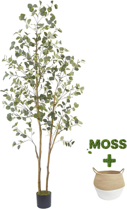 Artificial Eucalyptus Tree 8ft Fake Plant with Woven Basket | 96” Silk Leaves Faux Plant, Large Artificial Eucalyptus Trees for Home Office Livingroom Floor Decor Indoor Outdoor