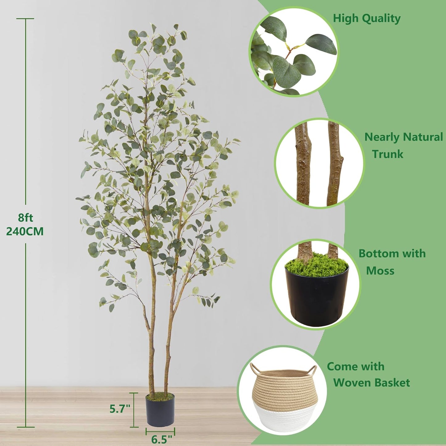 Artificial Eucalyptus Tree 8ft Fake Plant with Woven Basket | 96” Silk Leaves Faux Plant, Large Artificial Eucalyptus Trees for Home Office Livingroom Floor Decor Indoor Outdoor