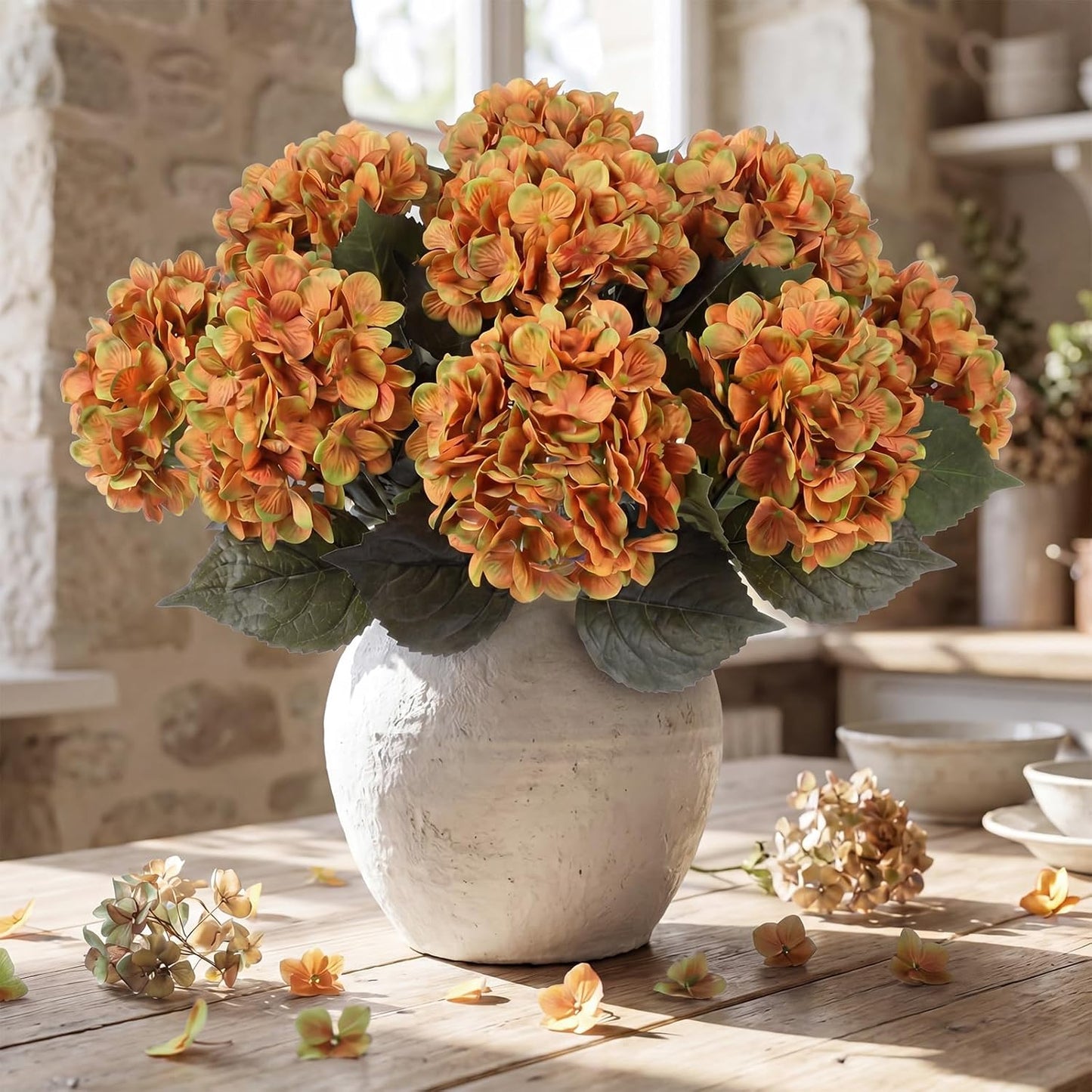 12 Pcs Hydrangea Artificial Flowers 20" Realistic Touch Faux Hydrangea Latex Flower Fake Hydrangeas with Stems for Vase Home Party Outdoor Wedding Centerpiece Bouquet(Orange)