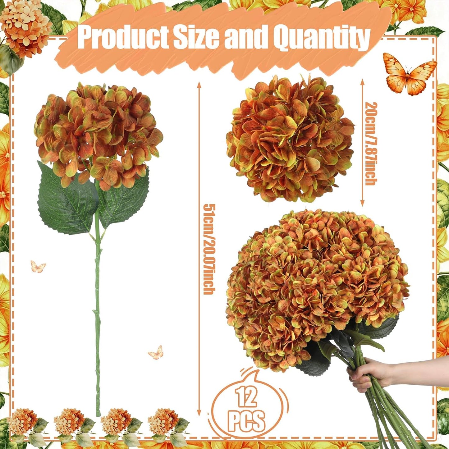 12 Pcs Hydrangea Artificial Flowers 20" Realistic Touch Faux Hydrangea Latex Flower Fake Hydrangeas with Stems for Vase Home Party Outdoor Wedding Centerpiece Bouquet(Orange)