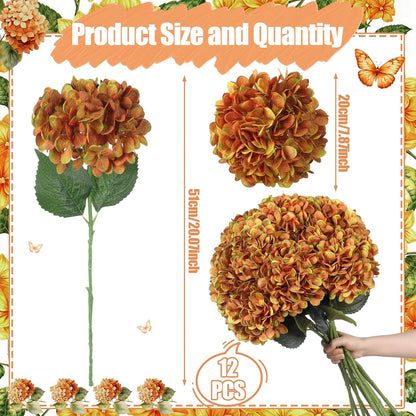 12 Pcs Hydrangea Artificial Flowers 20" Realistic Touch Faux Hydrangea Latex Flower Fake Hydrangeas with Stems for Vase Home Party Outdoor Wedding Centerpiece Bouquet(Orange)
